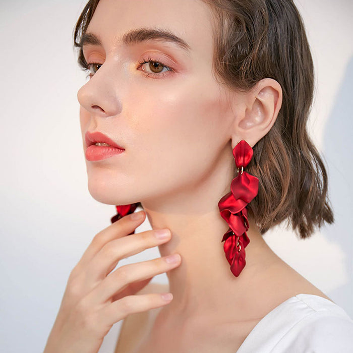 E1640 - Red Rose Petal Long Tassel Earrings
