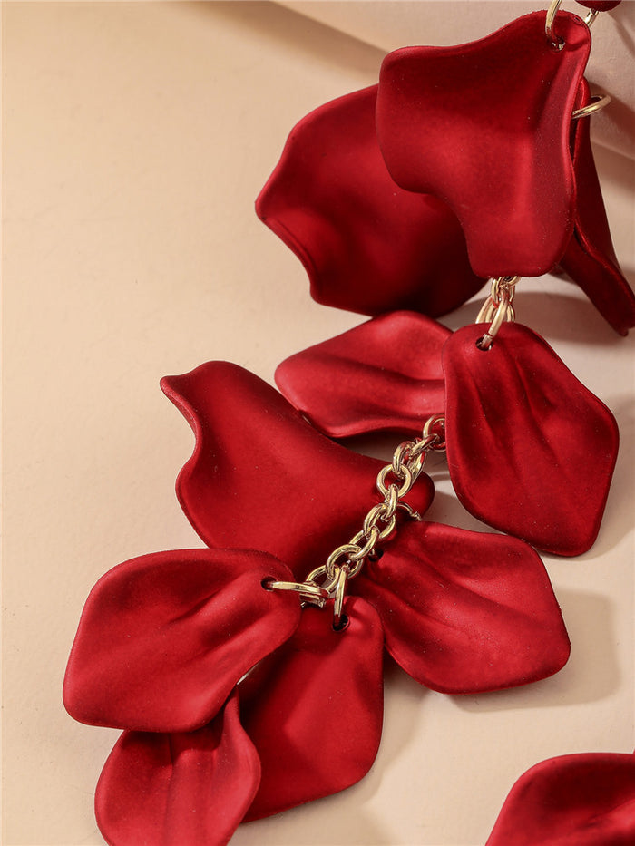 E1640 - Red Rose Petal Long Tassel Earrings