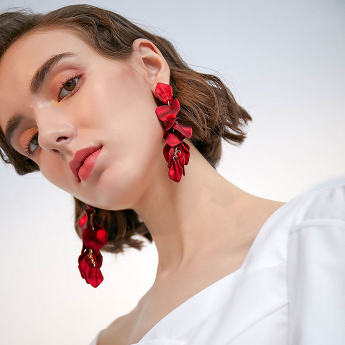E1640 - Red Rose Petal Long Tassel Earrings