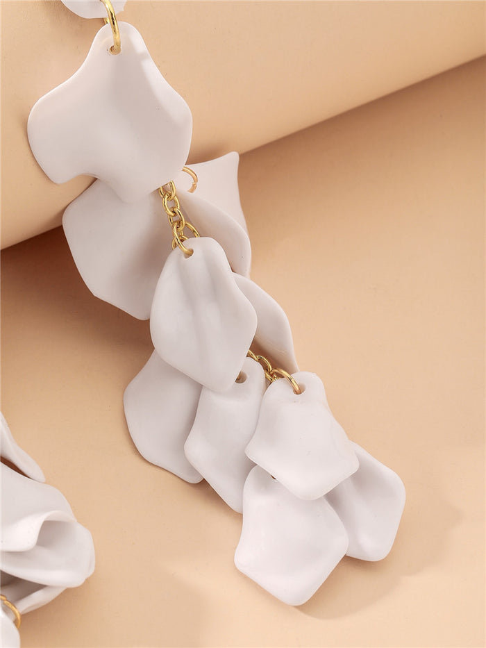 E1641 - White Rose Petal Long Tassel Earrings