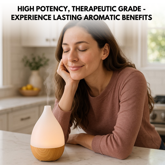 Woman using an essential oil diffuser with text about high potency and therapeutic grade oils.