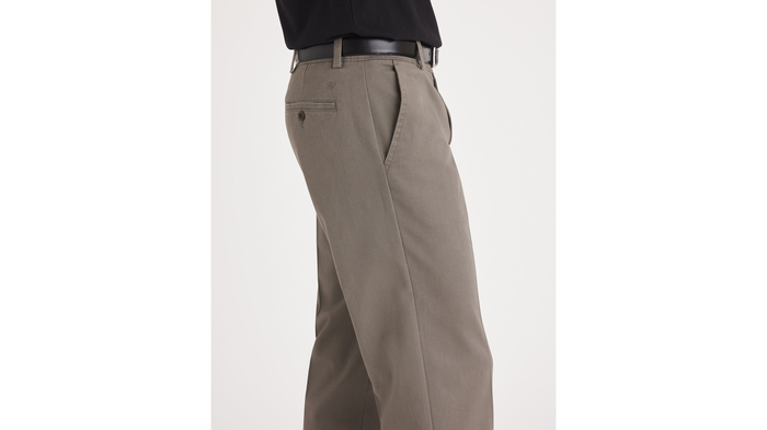 Side view of model wearing Burma Grey Easy Khakis, Classic Fit (Big and Tall).