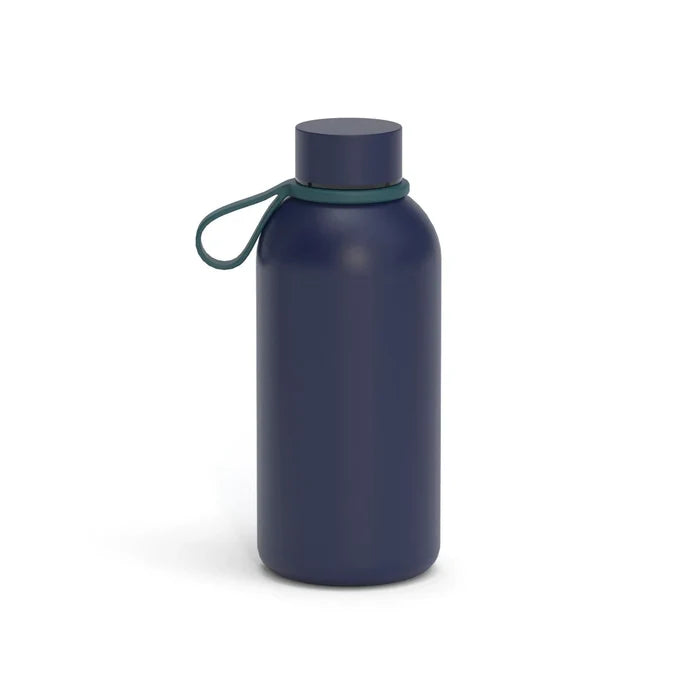 A navy blue insulated reusable water bottle with a teal silicone strap.