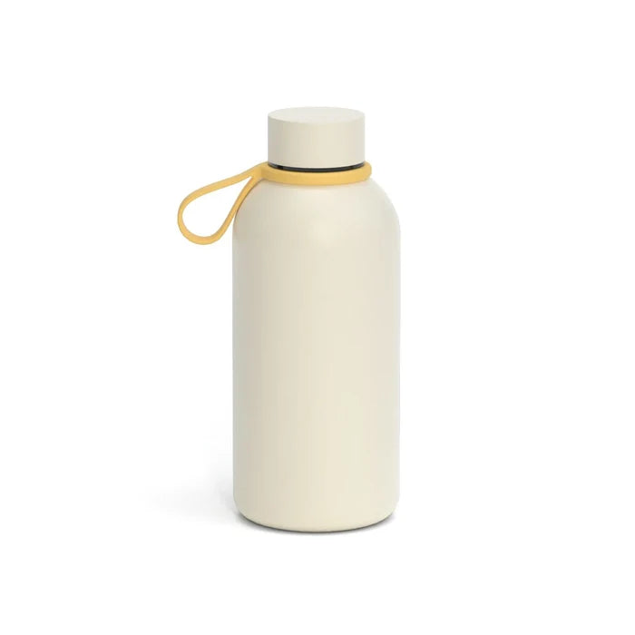 An ivory white insulated reusable water bottle with a yellow silicone strap.