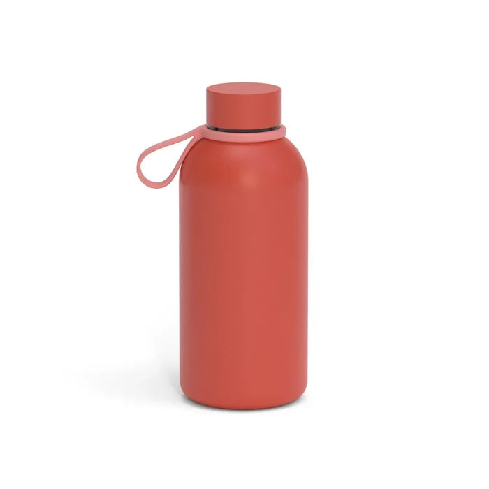 A brick red insulated reusable water bottle with a pink silicone strap.