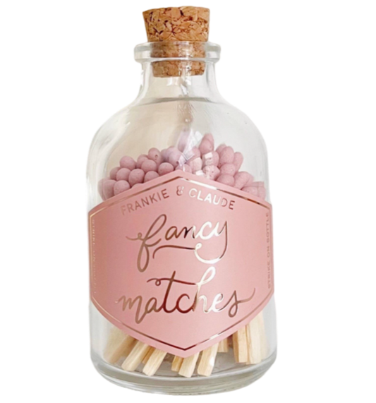 fancy matches, dusty rose match jar, custom colored matches, corked glass jar, match-striker, decorative match jar, home decor, luxury matches, elegant match jar, gift idea, match jar with striker, unique match jar,