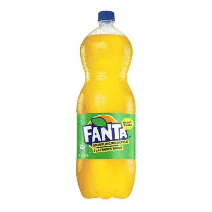 Fanta Pineapple 2 litre bottle of tropical pineapple soda with refreshing fizz and vibrant fruity flavor