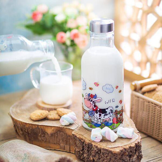 Farmhouse Cow Print Milk Glass Bottle With Lid