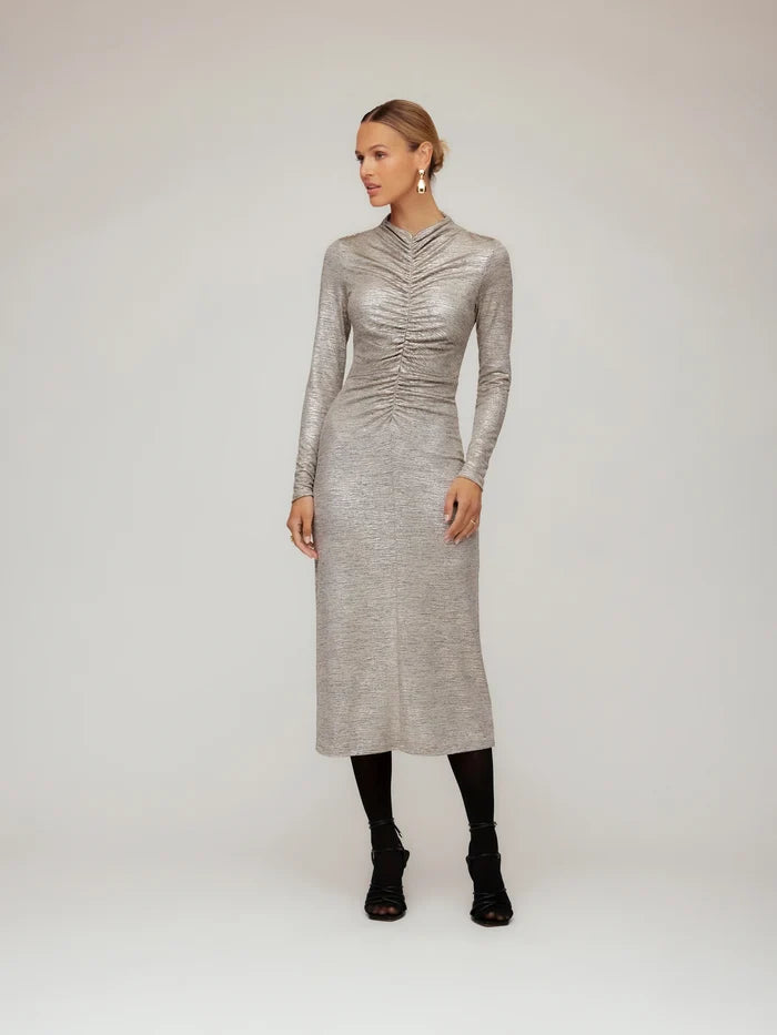 Fifteen Twenty Ruched Selena Midi Dress in Gold Dust