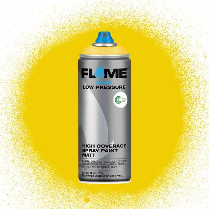 Flame spray paint can with yellow spray pattern on a white background.