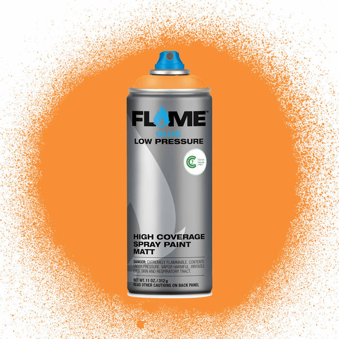 Flame spray paint can on an orange background with paint splashes.