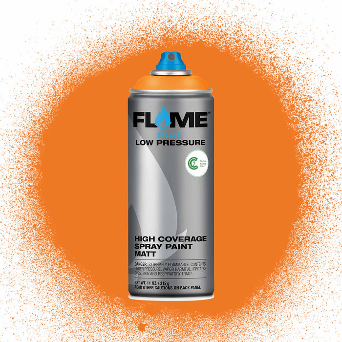 Flame spray paint can with orange spray pattern on a white background.