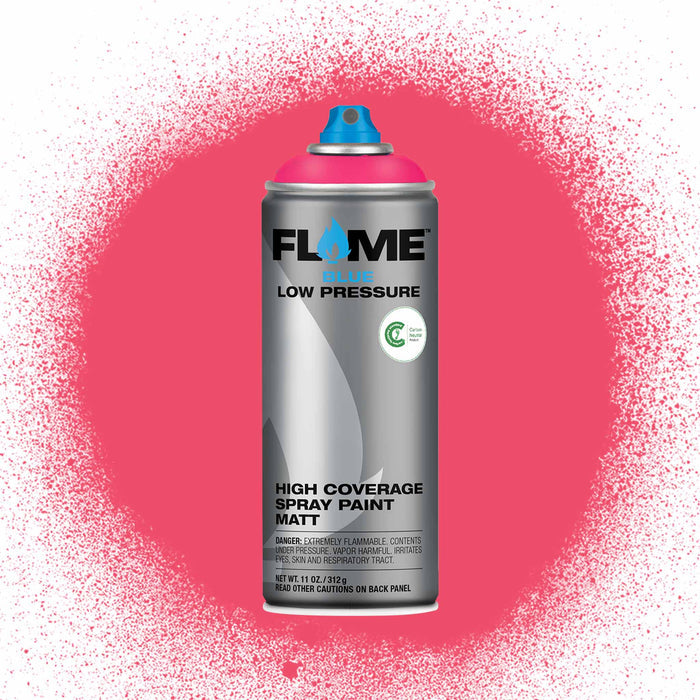 Flame spray paint can with pink spray on a red background.