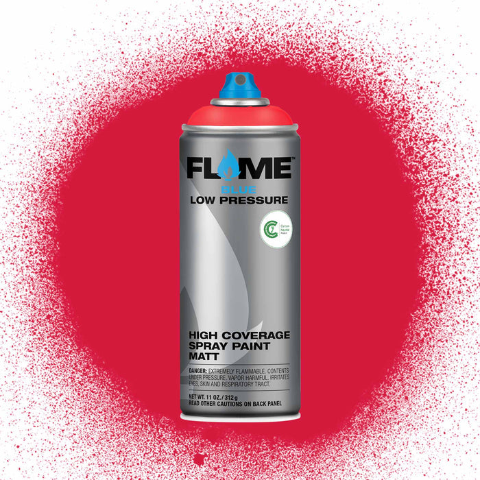 Flame spray paint can on a red background with paint splashes.