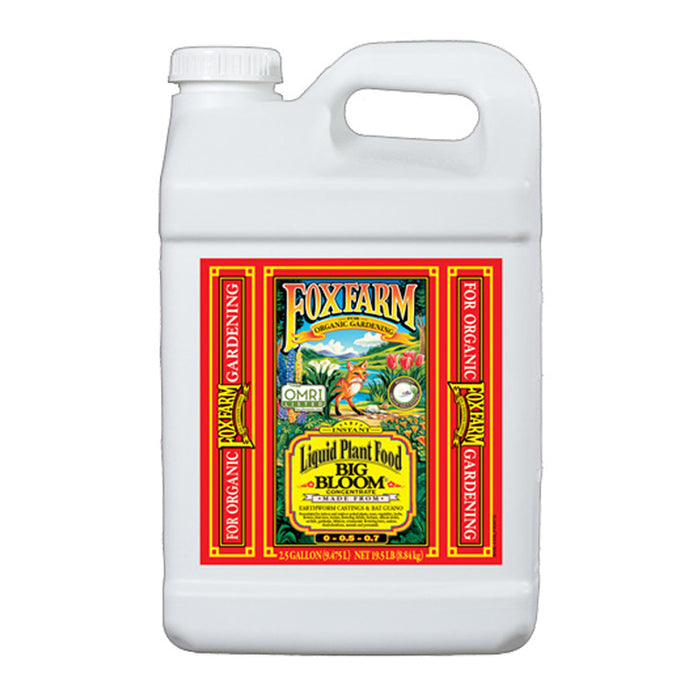 A white gallon with a label showing the FoxFarm Big Bloom Liquid Plant Food branding and information.