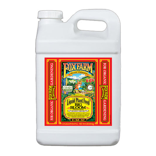 A white gallon with a label showing the FoxFarm Big Bloom Liquid Plant Food branding and information.