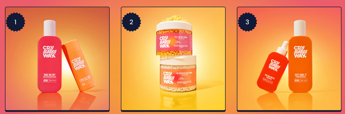 Three product images showcasing Get a Grip Face & Body Applicators | Crybaby Wax, with vibrant orange and pink packaging designed for skincare and body care use.
