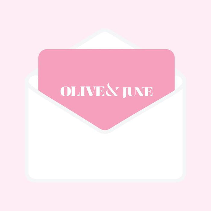Gift The Mani System digital card with Olive and June logo on pink card inside white envelope on light pink background