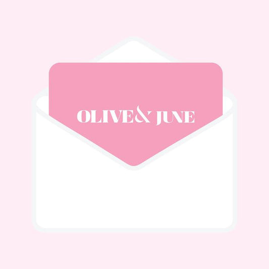 Gift The Mani System digital card with Olive and June logo on pink card inside white envelope on light pink background