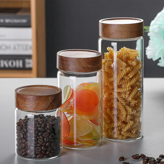 Glass Air Tight Borosilicate Jars With Wood Lid