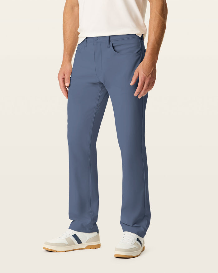 Side view of model wearing Ombre Blue Go Airweave 5-Pocket, Straight Fit.