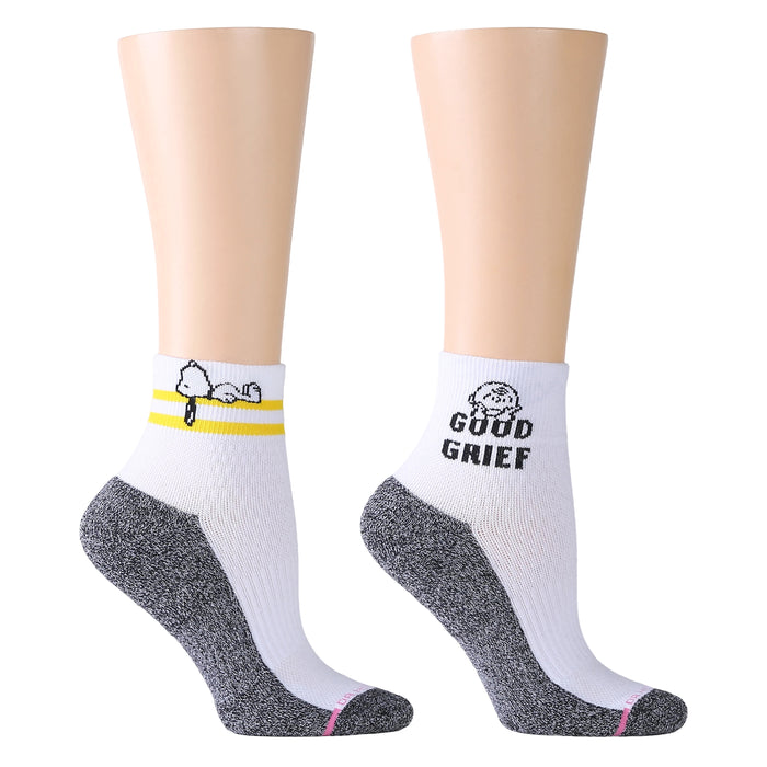 Quarter compression socks featuring a cartoon character and the text "GOOD GRIEF" on a white background with gray accents.