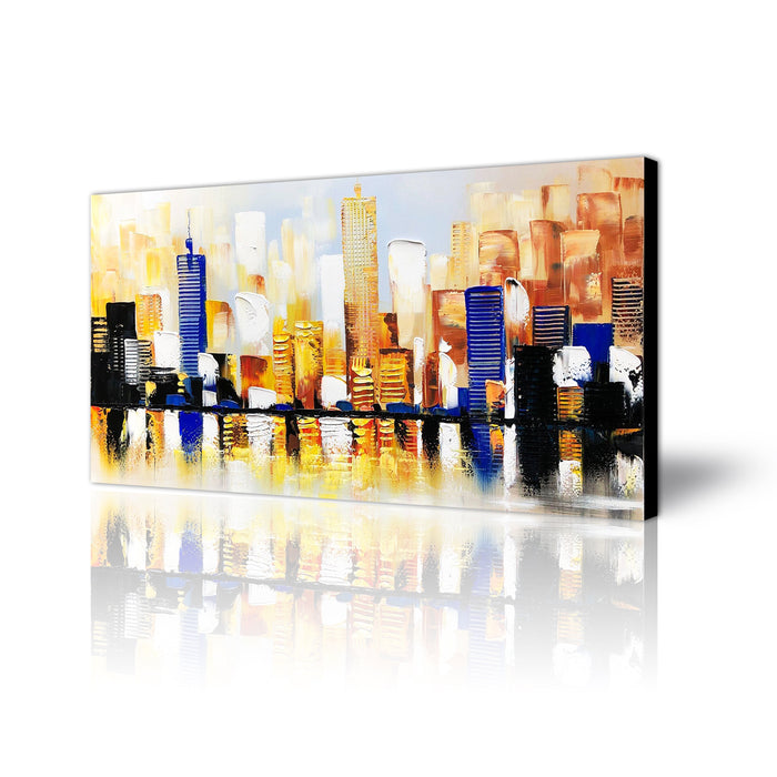 Handmade Oil Painting of Abstract Buildings on Stretched Canvas in Colors