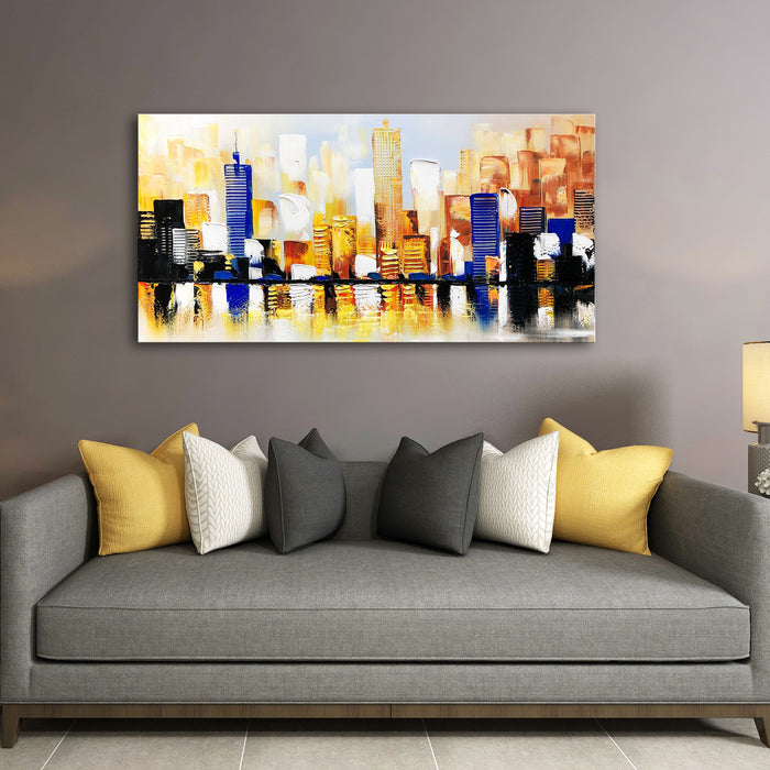 Handmade Oil Painting of Abstract Buildings on Stretched Canvas in Colors