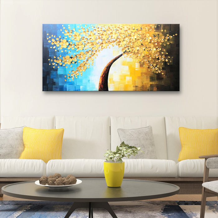 Handmade Oil Painting of Golden Flower with Mixed Blue & Gold Color Background Landscape View on Canvas