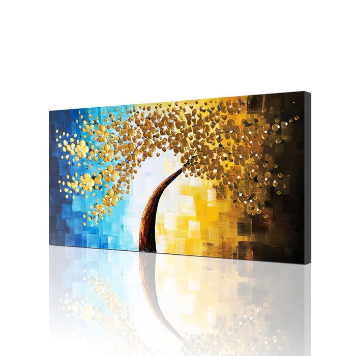 Handmade Oil Painting of Golden Flower with Mixed Blue & Gold Color Background Landscape View on Canvas