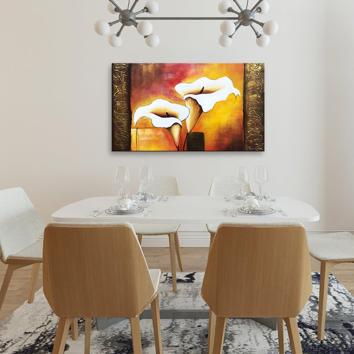 Handmade Oil Painting of Lily Flowers in Golden Background on Stretched Canvas