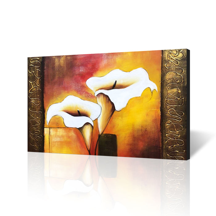 Handmade Oil Painting of Lily Flowers in Golden Background on Stretched Canvas