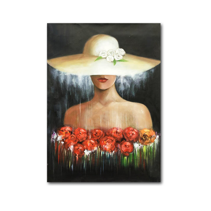 Handmade Oil Painting of Romantic Lady with White Hat on Stretched Canvas