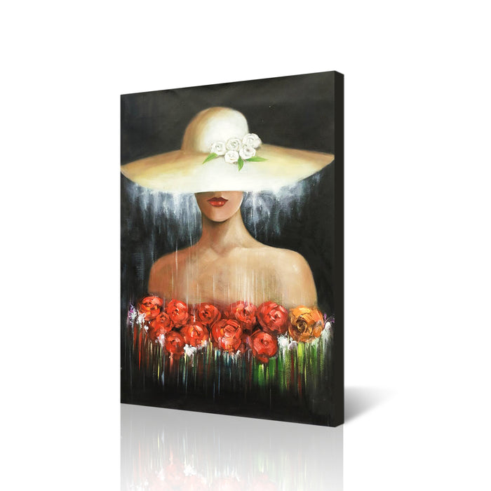 Handmade Oil Painting of Romantic Lady with White Hat on Stretched Canvas