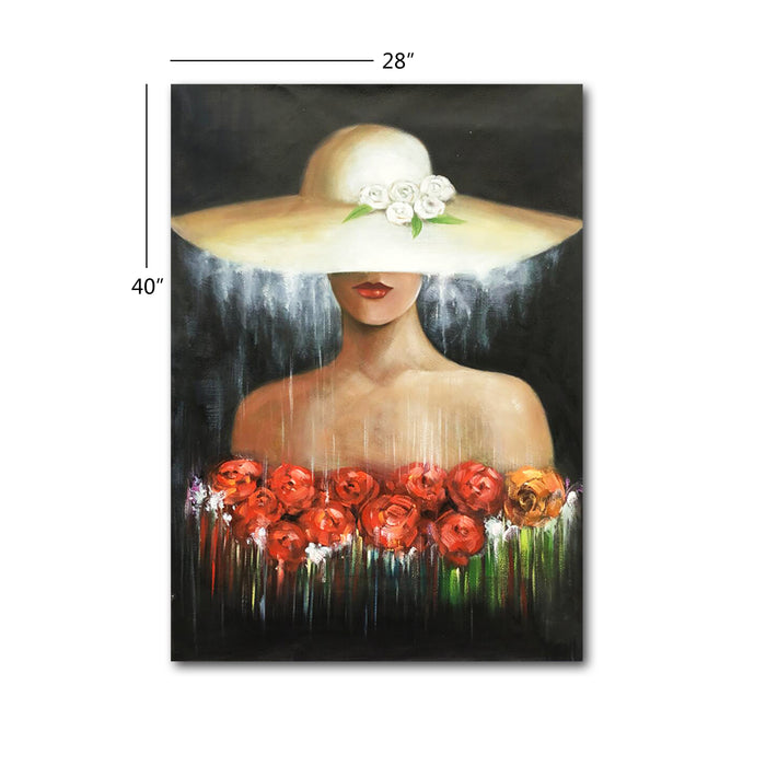 Handmade Oil Painting of Romantic Lady with White Hat on Stretched Canvas