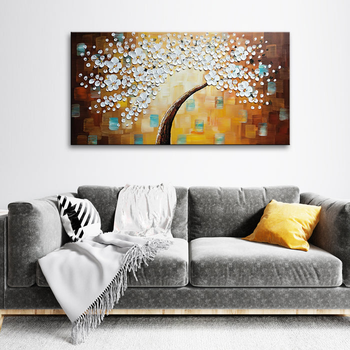 Handmade Oil Painting of White Flower with Brown Background on Canvas