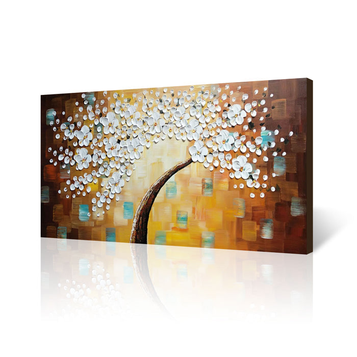 Handmade Oil Painting of White Flower with Brown Background on Canvas