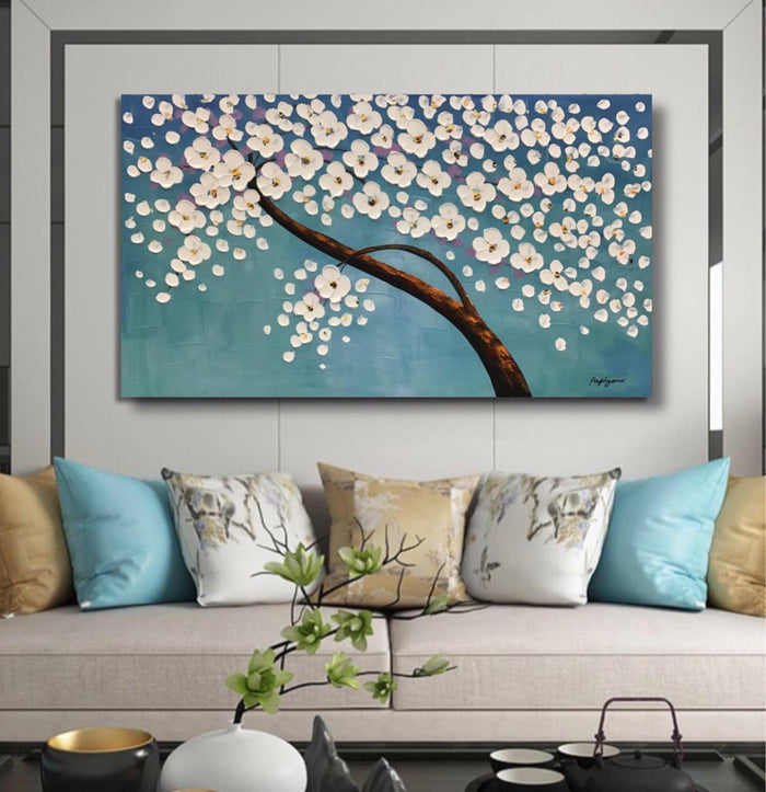 Handmade Oil Painting of White & Pink Flowers with Light Teal Background on Stretched Canvas