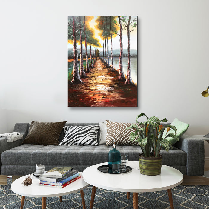 Handmade Oil Painting on Stretched Canvas of Forest View of Trees