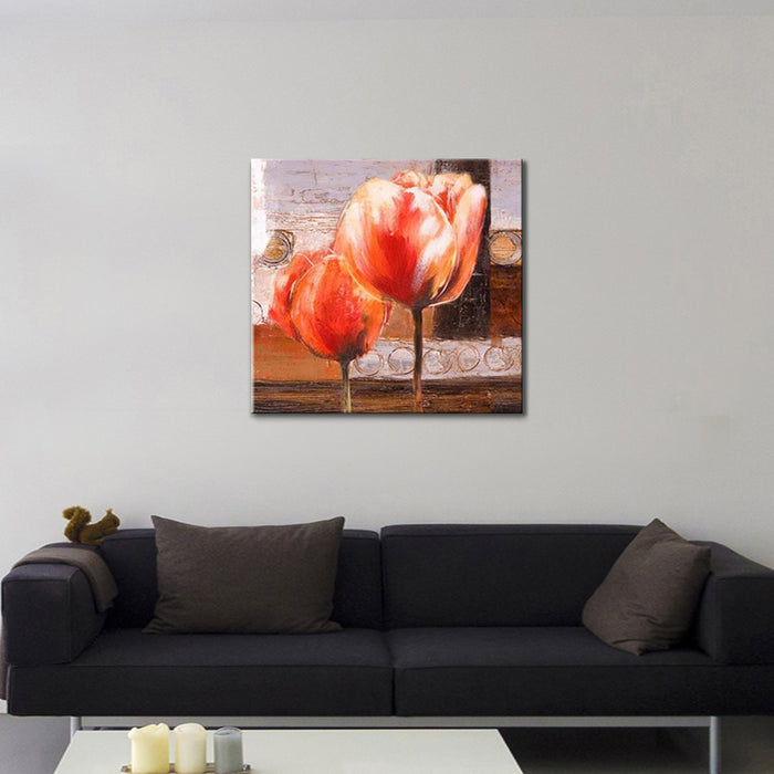Handmade Oil Painting on Stretched Canvas of Light Red Tulip Flowers