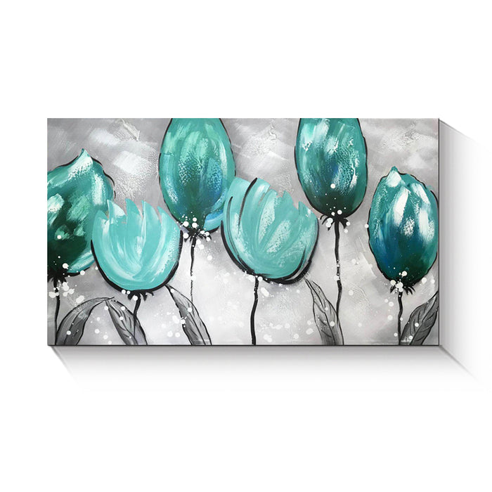Handmade Oil Painting on Stretched Canvas of Tulip Flowers in Teal