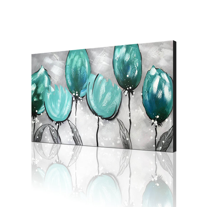 Handmade Oil Painting on Stretched Canvas of Tulip Flowers in Teal