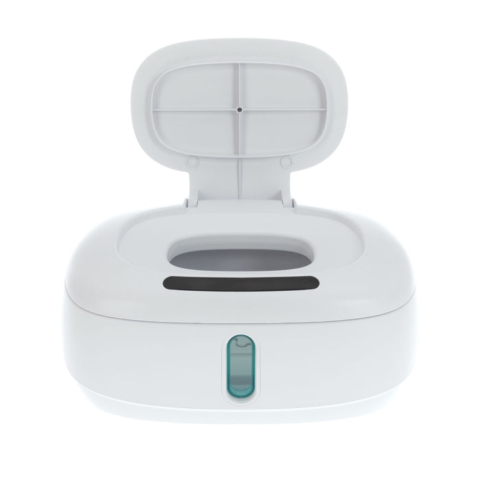 The Nuby Hands-Free Wipe Warmer is a white plastic dispenser with a rectangular, upward-opening automatic lid, a dispensing slot, and a small transparent front window for easy, touch-free access to wipes.