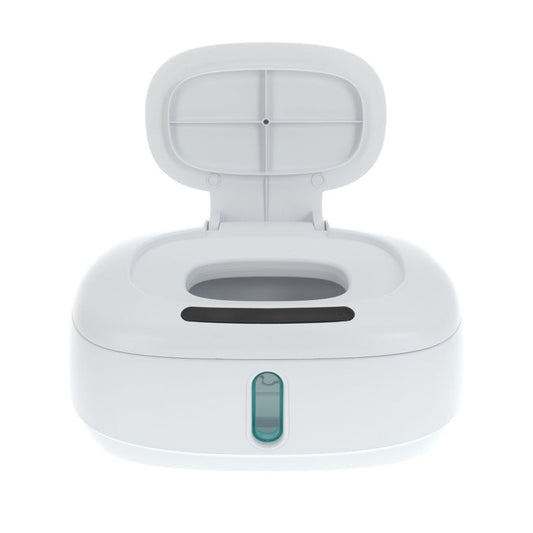 The Nuby Hands-Free Wipe Warmer is a white plastic dispenser with a rectangular, upward-opening automatic lid, a dispensing slot, and a small transparent front window for easy, touch-free access to wipes.