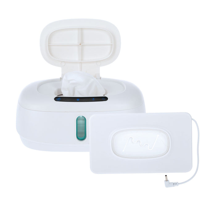 The Nuby Hands-Free Wipe Warmer, shown with the lid open and a wipe inside, features a removable powered lid and built-in night light for added convenience during nighttime changes.