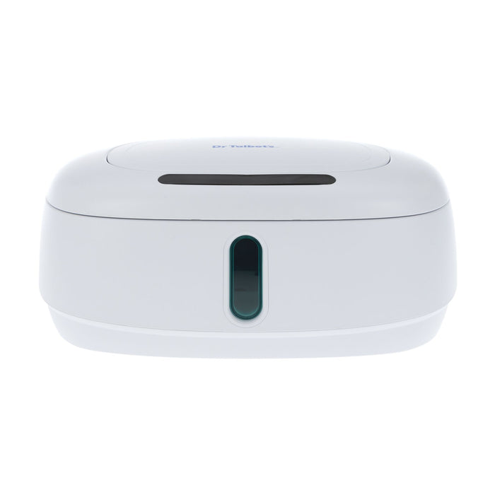 The Nuby Hands-Free Wipe Warmer is a white, rectangular container with rounded edges, a small vertical front window, touch-free automatic lid, subtle indentation, and the Nuby brand name printed on top.