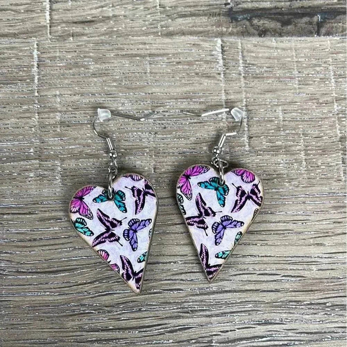 Hanging earrings purple heart with butterflies nickel free made in South Africa