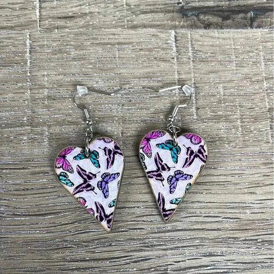 Hanging earrings purple heart with butterflies nickel free made in South Africa