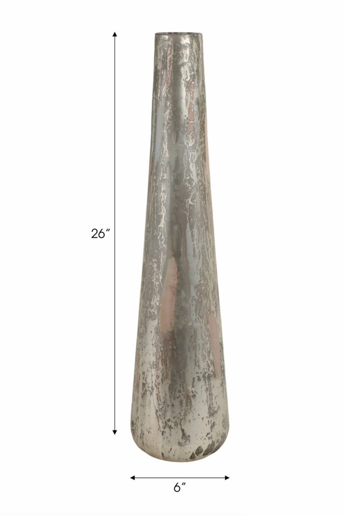 Tall, narrow mettalic vase with dimensions on a white background