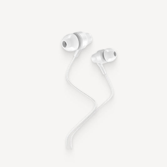 BeamO — White wired earphones — Top-down view on plain white background, two in-ear earbuds with soft tips and cable — white, wired, in-ear, close-up